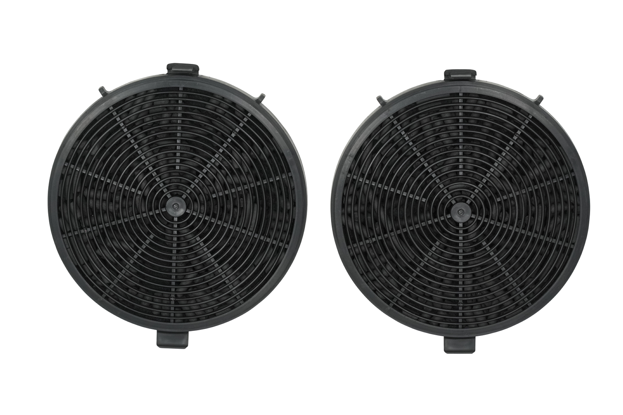 Two black carbon filters with a circular design, isolated on a white background. Each has a mesh pattern.