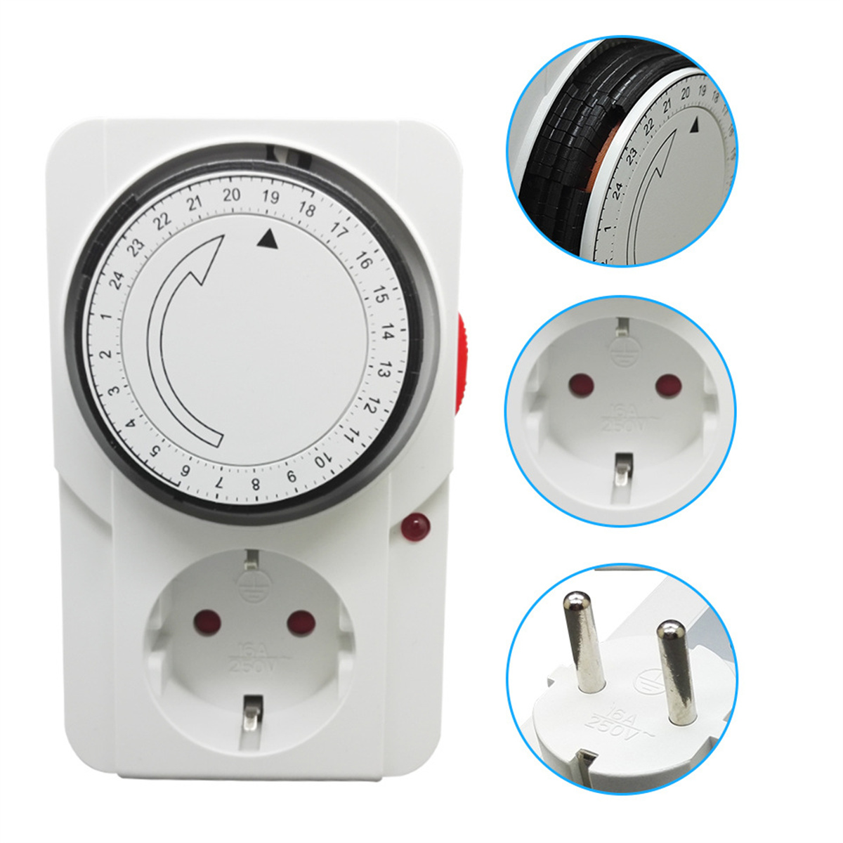Weißer elektrischer Timer mit Zifferblatt und Steckdose sowie Steckdetails.