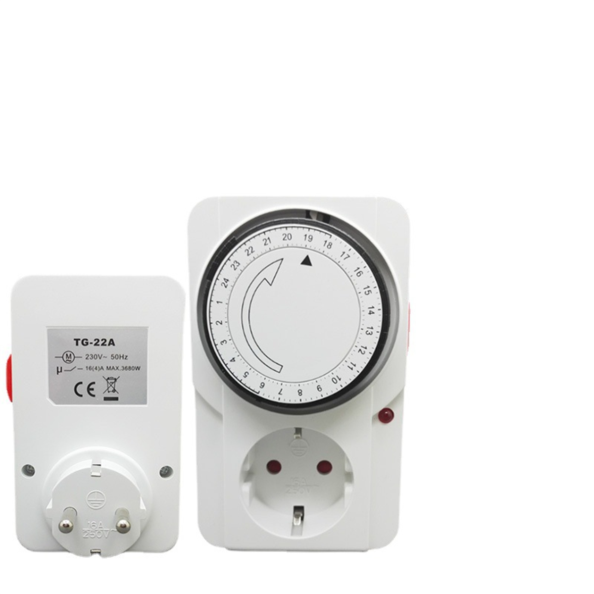 Ein weißer Timer mit Stecker, der Zeitmarkierungen anzeigt.