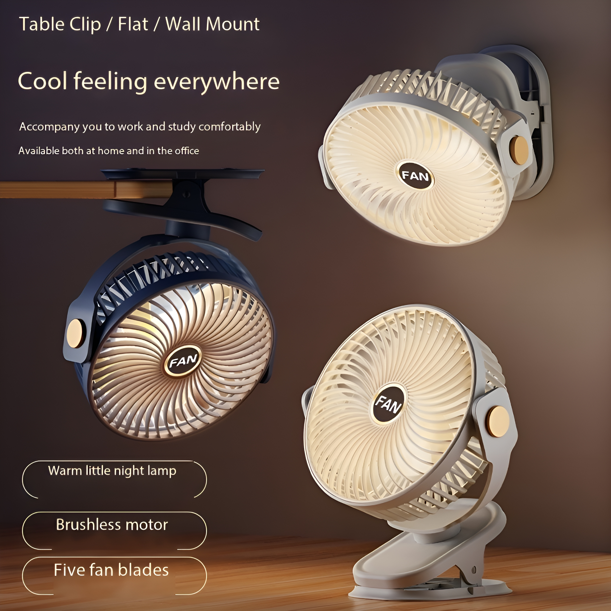 Drei Ventilatoren, verschiedene Montagemöglichkeiten. Text: kühles Gefühl, fünf Blätter.