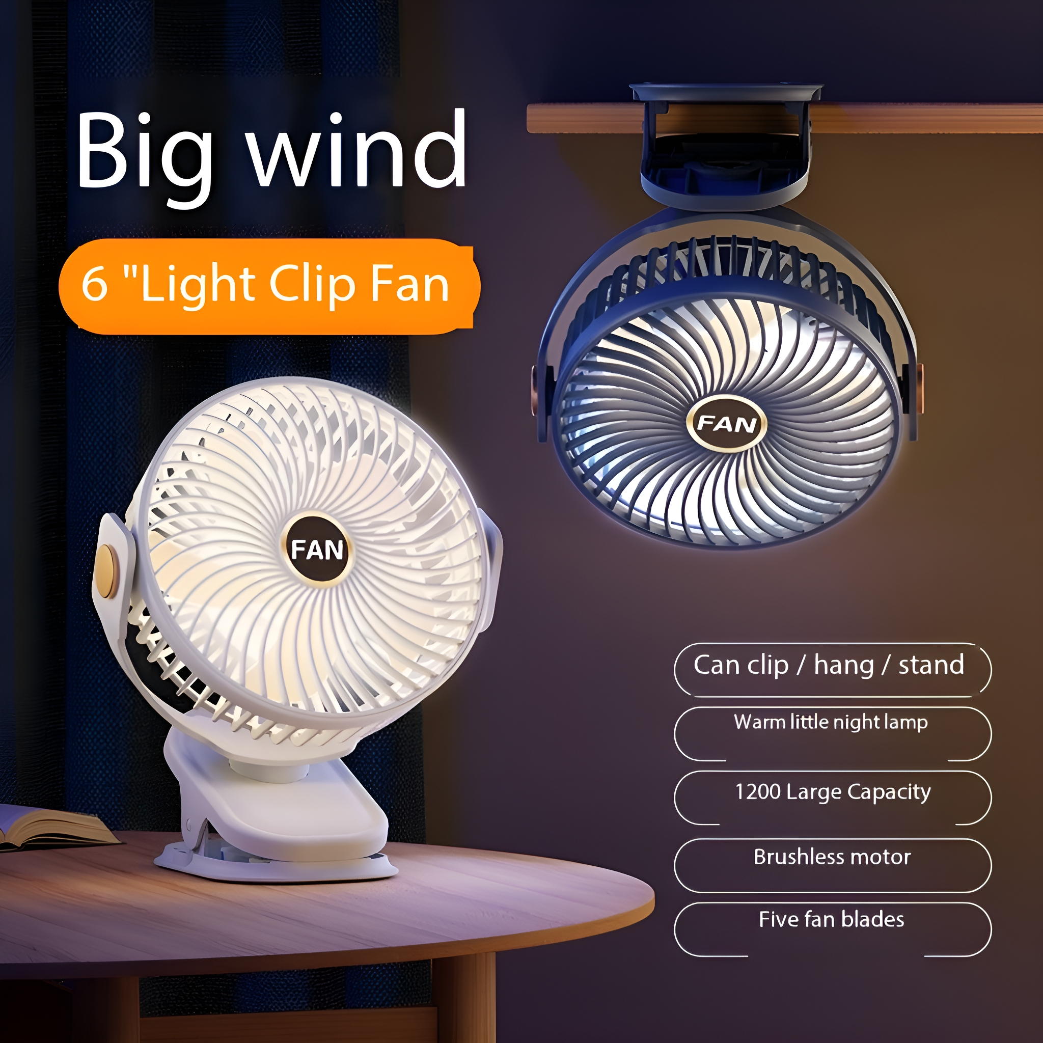 Zwei Ventilatoren, einer an einem Tisch befestigt, zeigen die Funktionen.