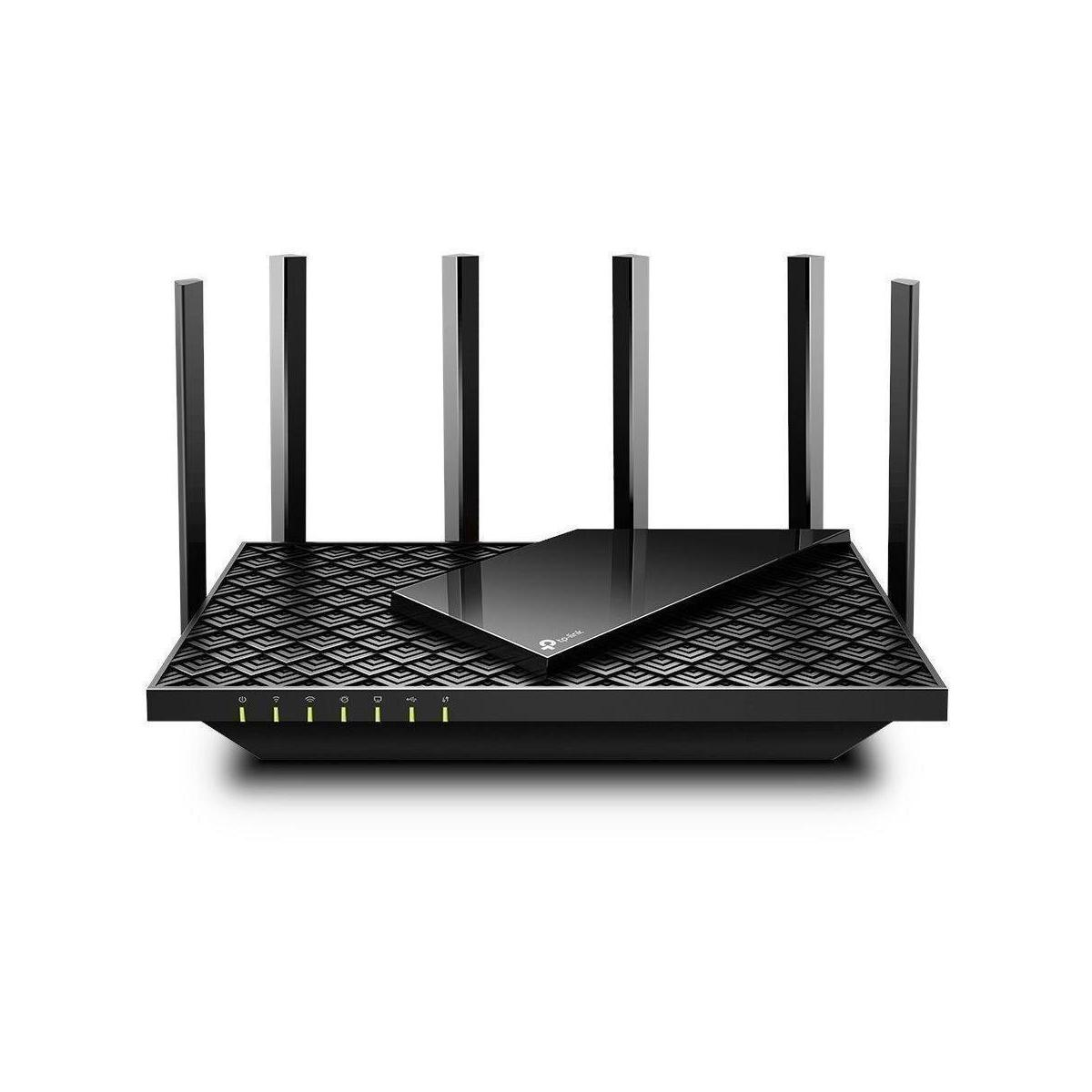 Schwarzer Router mit sechs Antennen, Draufsicht, vor weißem Hintergrund.