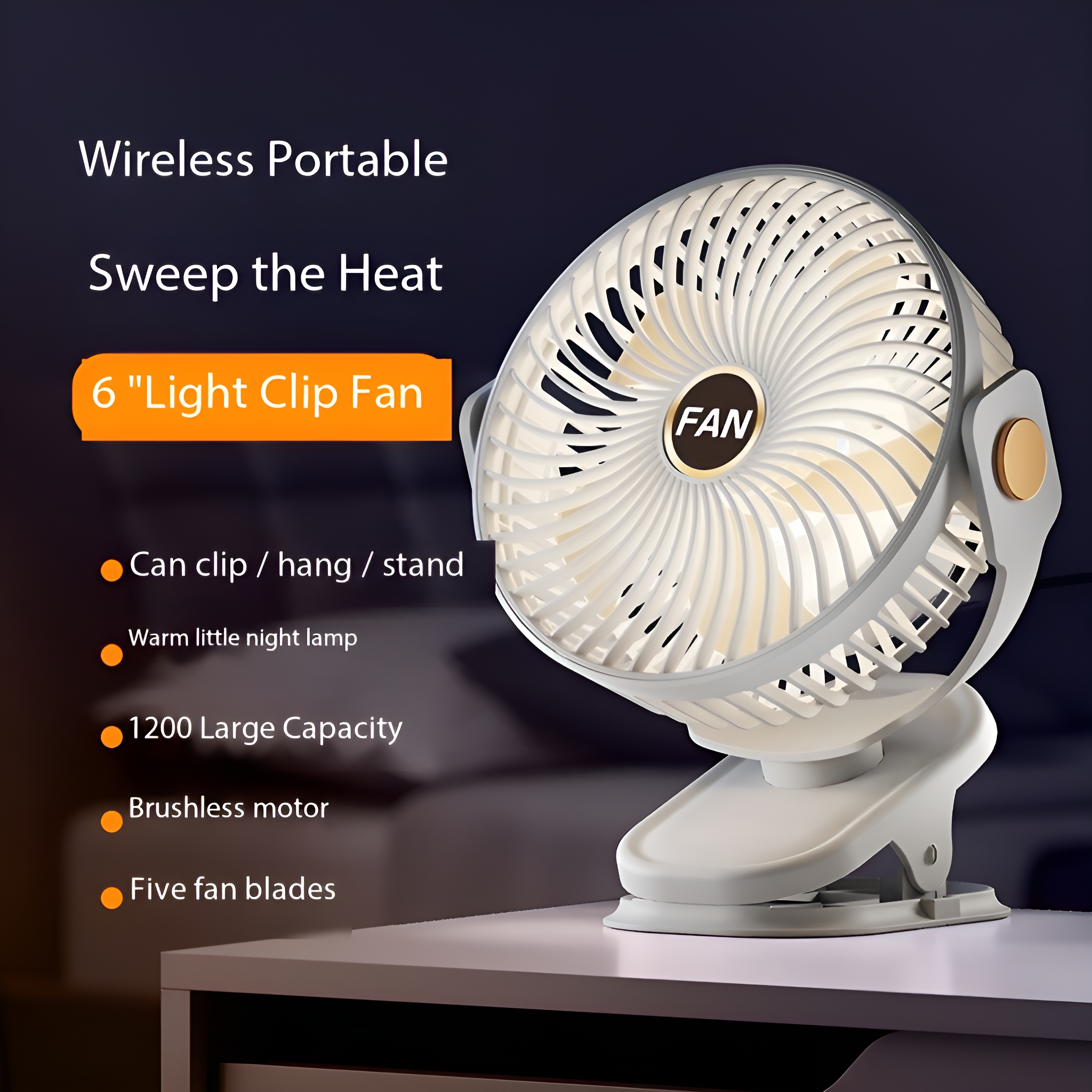 Ein weiß-grauer Ventilator mit hellen Flügeln auf einer weißen Oberfläche, mit Text zu den Funktionen.