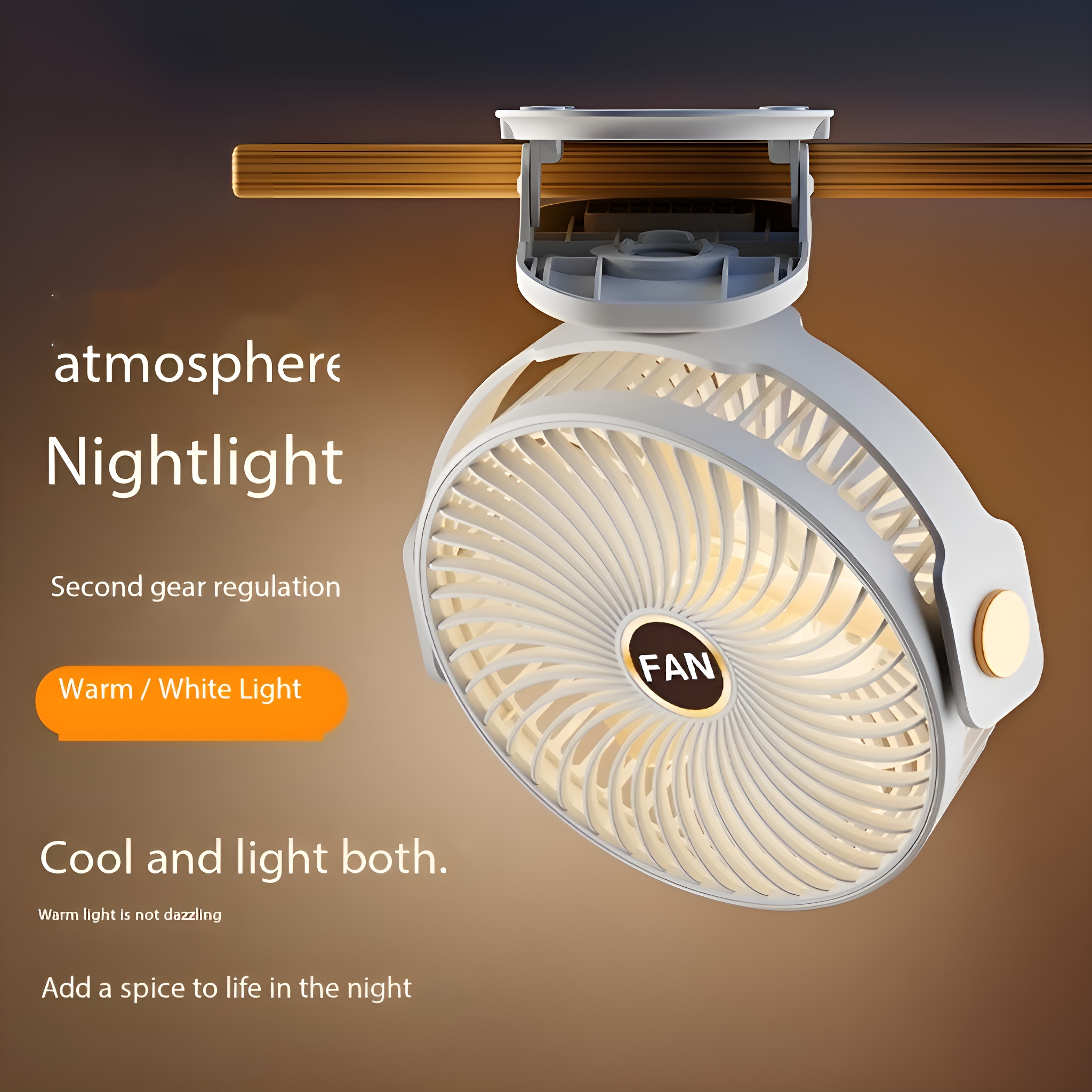 Weißer Ventilator mit Nachtlicht, an einem Holzbalken montiert.