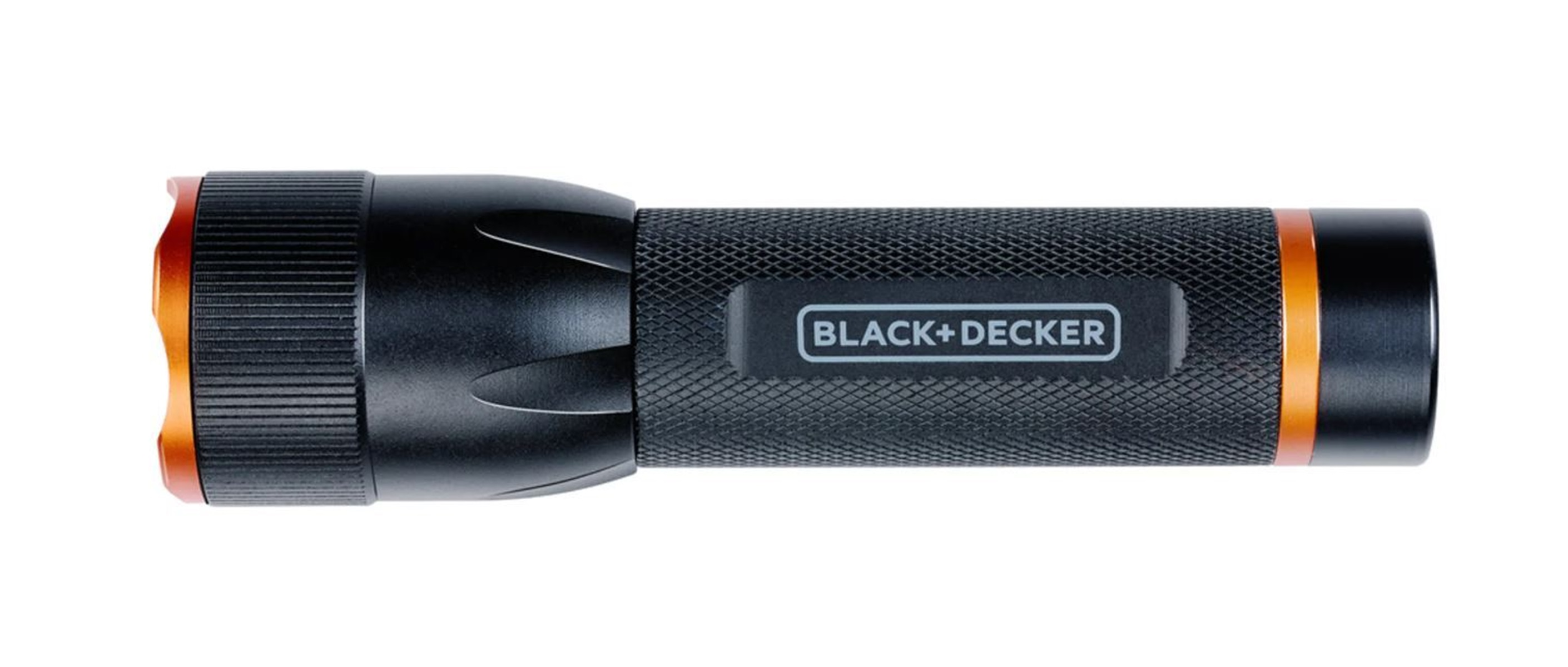 Zwarte zaklamp met oranje accenten, een knop en de woorden BLACK+DECKER.