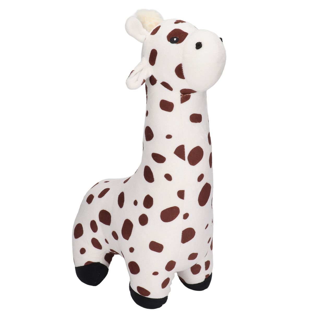 Ein weißes Giraffen-Spielzeug mit braunen Flecken steht auf weißem Hintergrund.