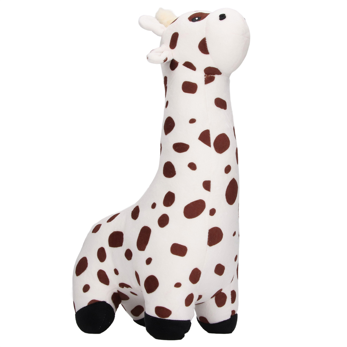 Weißes Giraffen-Spielzeug mit braunen Flecken, schwarzen Füßen und einem weißen Kopf.
