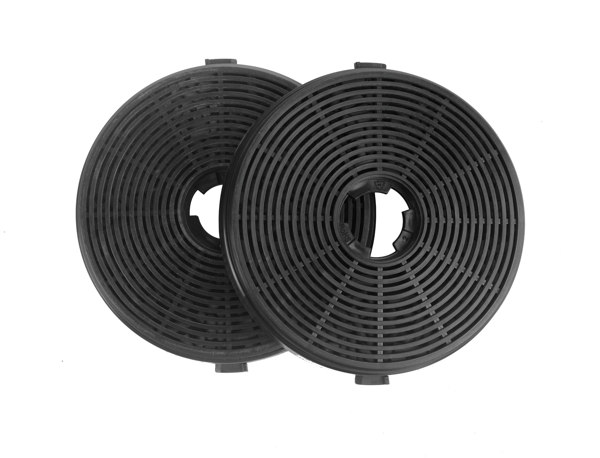Two black, circular charcoal filters with a series of ridges and a central hole. They are on a white background.