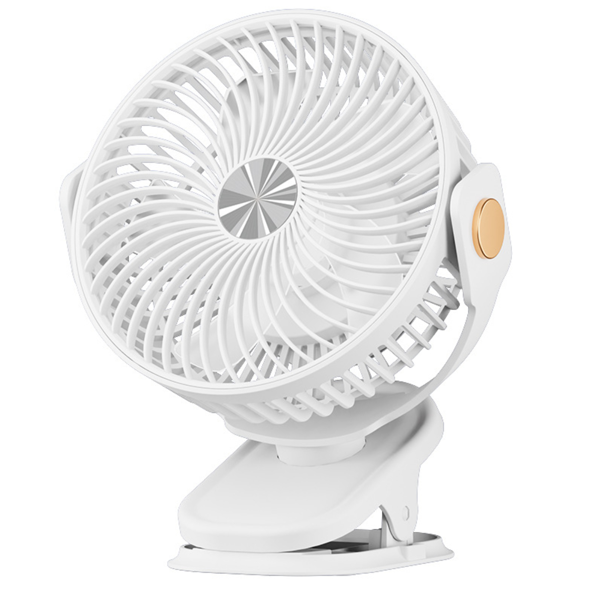Weißer Ventilator mit Clip-Basis. Goldakzent. Weißer Hintergrund.