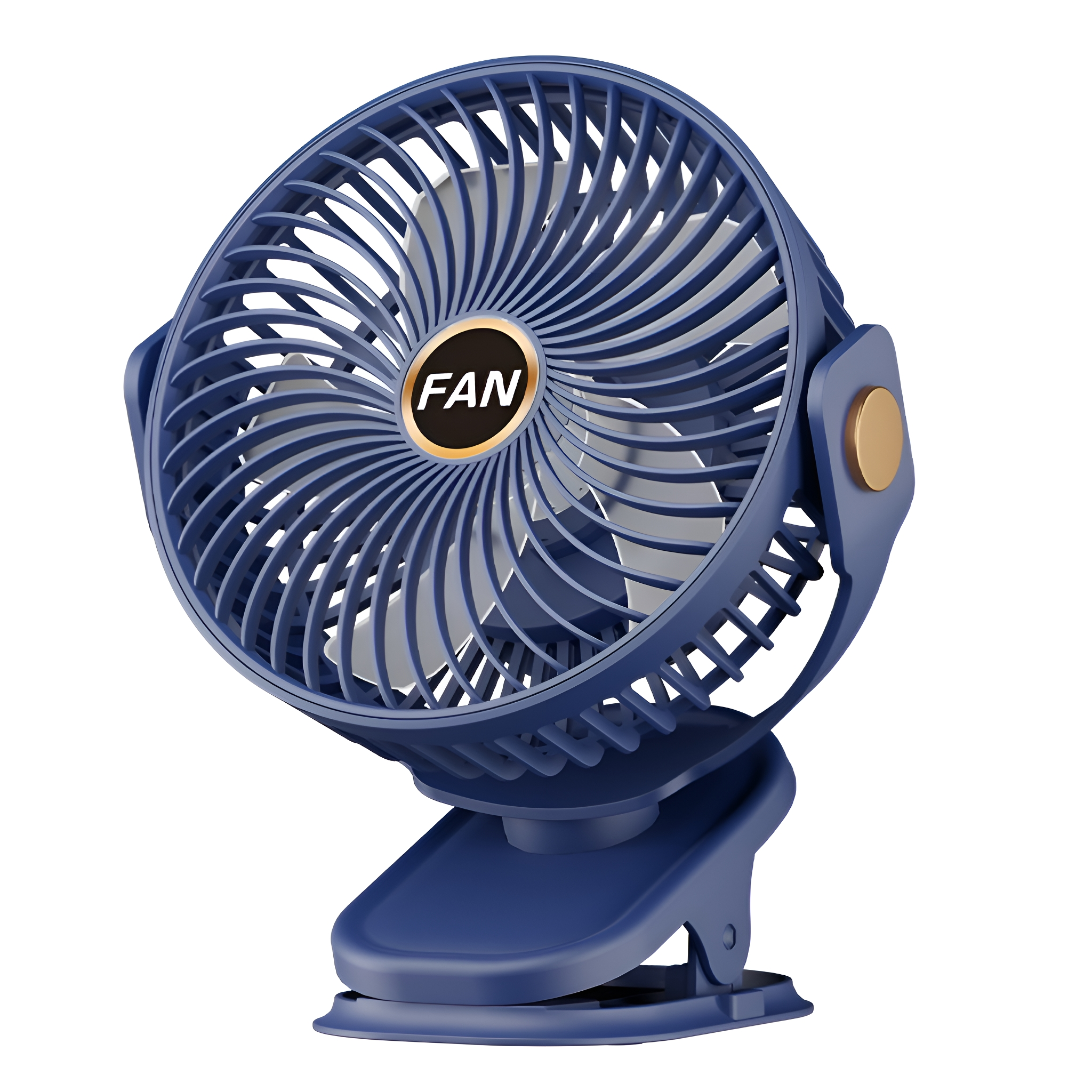Blauer tragbarer Ventilator mit Clipfuß. Der Ventilator ist blau, mit goldenem Zentrum und weißen Lüfterblättern, auf weißem Hintergrund.