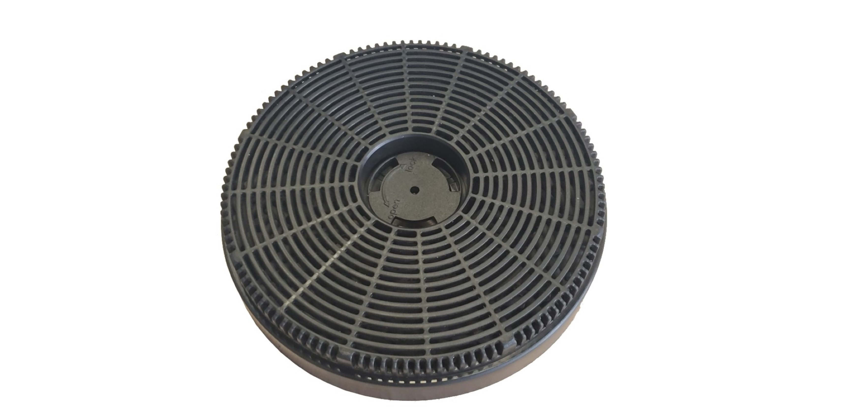 Round black filter with grill pattern. White background. For a kitchen hood.