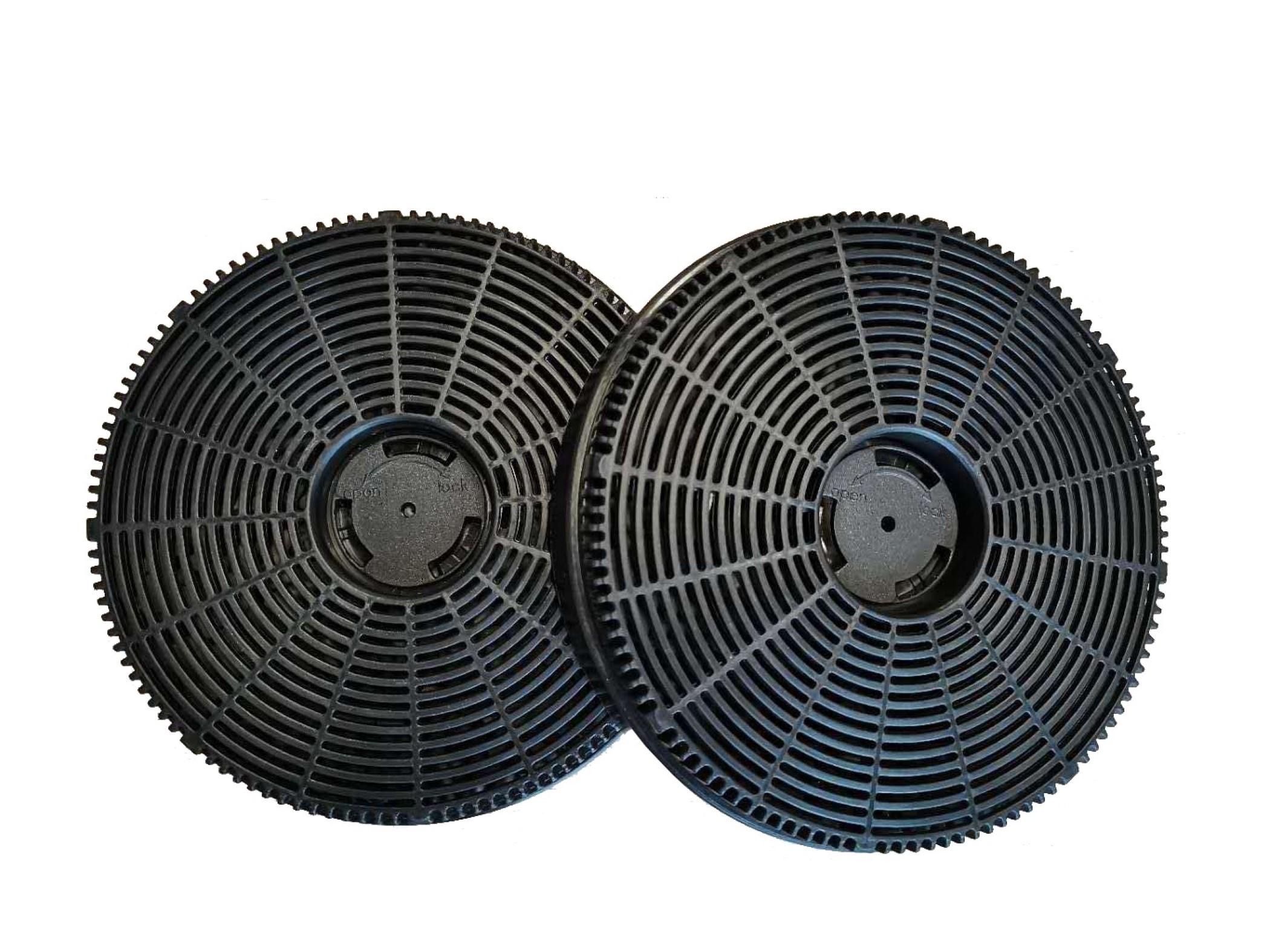 Two circular black charcoal filters. Each has a central locking mechanism and a patterned surface.