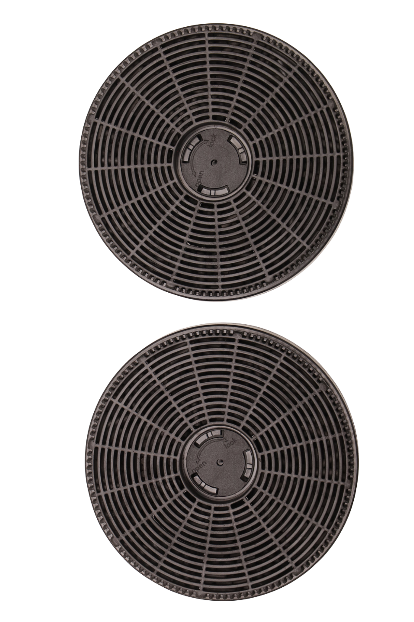 Two circular black charcoal filters with a grid pattern, isolated on white.