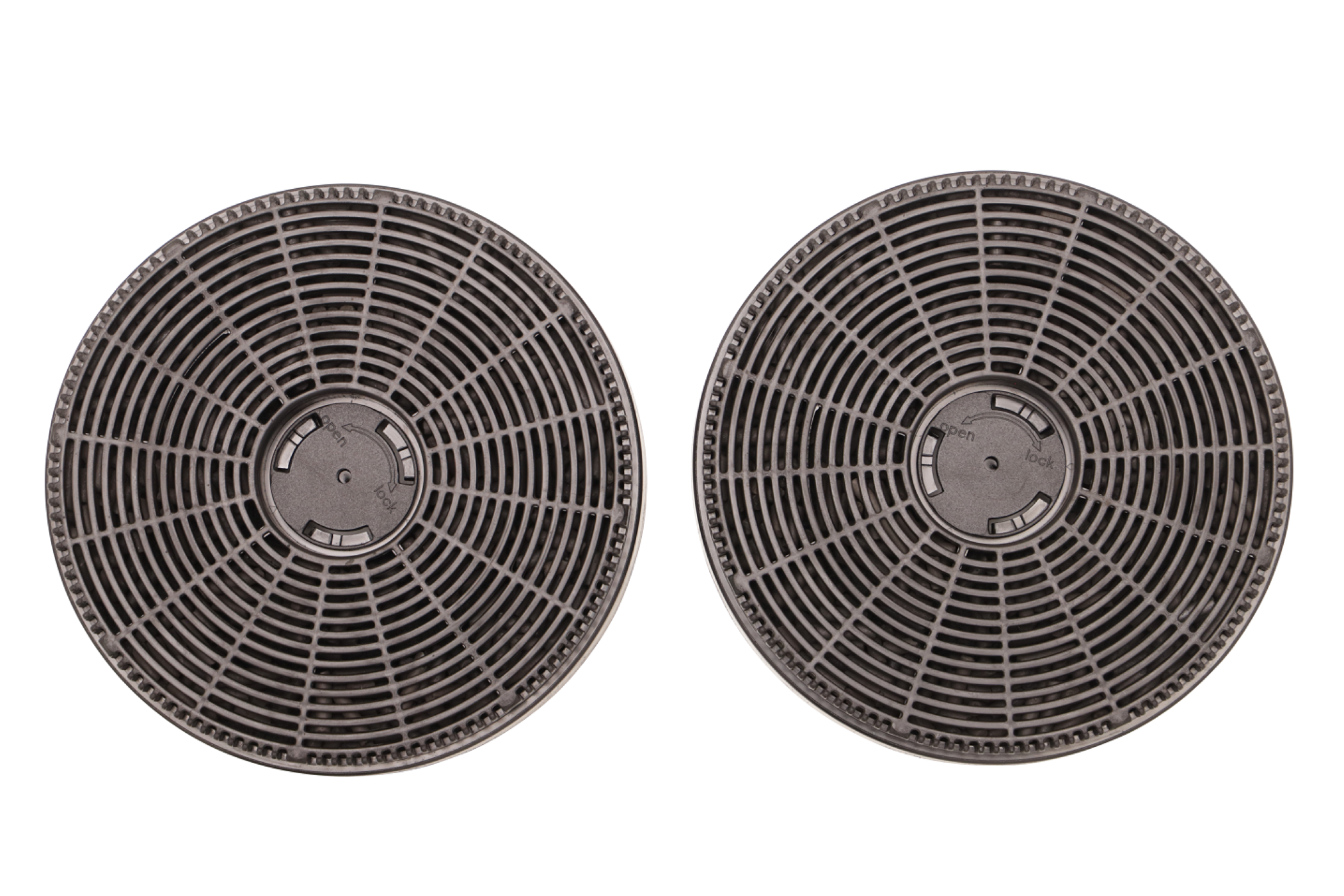Two dark gray circular air filters. The filters have a grid pattern.