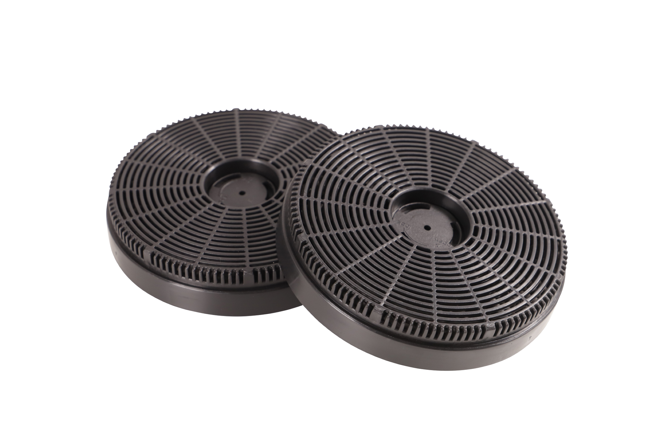 Two black round carbon filters with a grid pattern, isolated on a white background.