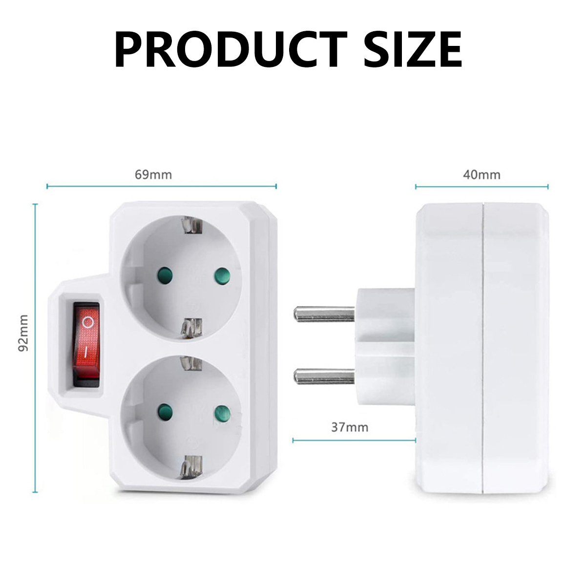 Weißer Netzadapter mit zwei Steckdosen und einem Schalter, mit Abmessungen in mm beschriftet. Weißer Stecker rechts.