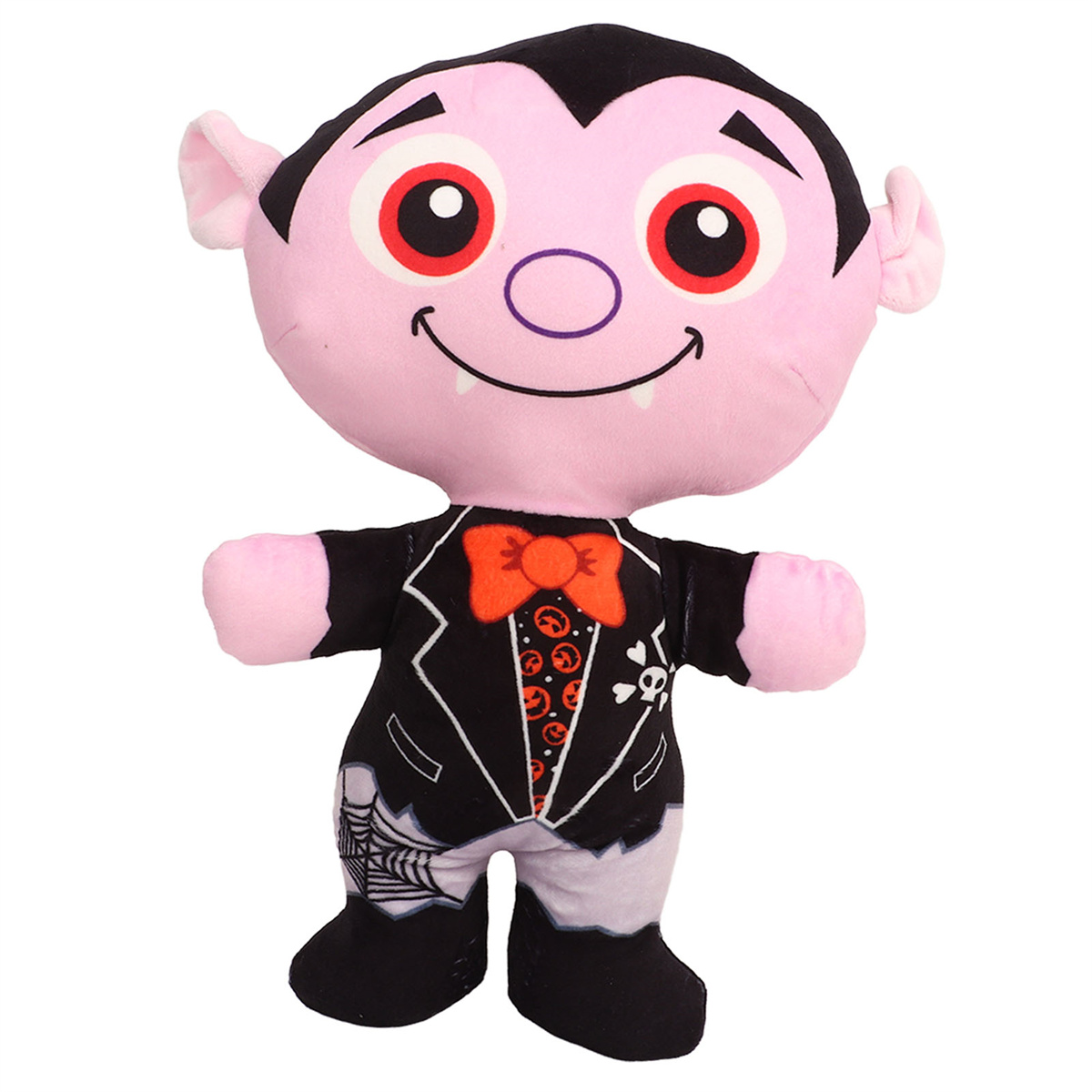 Ein niedliches Cartoon-Vampir-Spielzeug mit rosa Gesicht, roten Augen und schwarzem Anzug. Weißer Hintergrund.