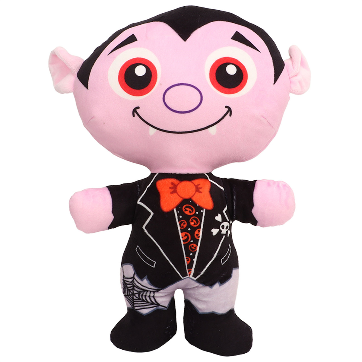 Ein Plüsch-Vampir-Spielzeug mit rosa Gesicht, schwarzem Anzug und roter Fliege. Es hat ein lächelndes Gesicht.