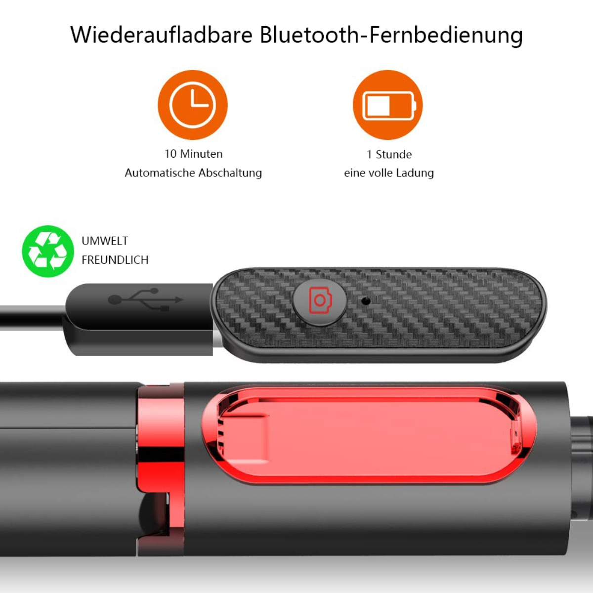 Bluetooth-Fernbedienung. Text: Schwarze Bluetooth-Fernbedienung mit Ladekabel und Details zur Ladezeit.