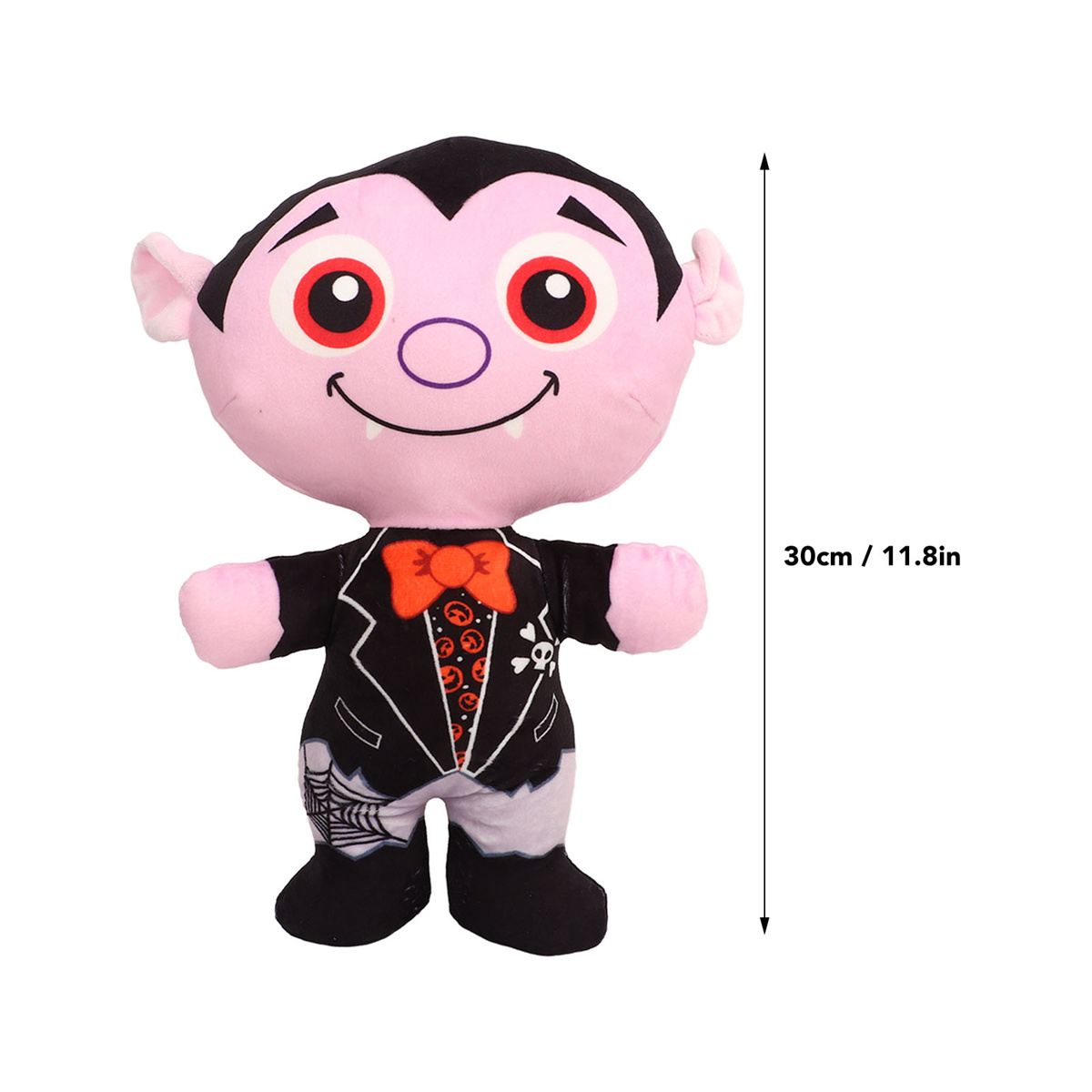 Ein Plüsch-Vampirspielzeug mit rosa Gesicht, schwarzem Anzug und roten Augen, vor weißem Hintergrund.