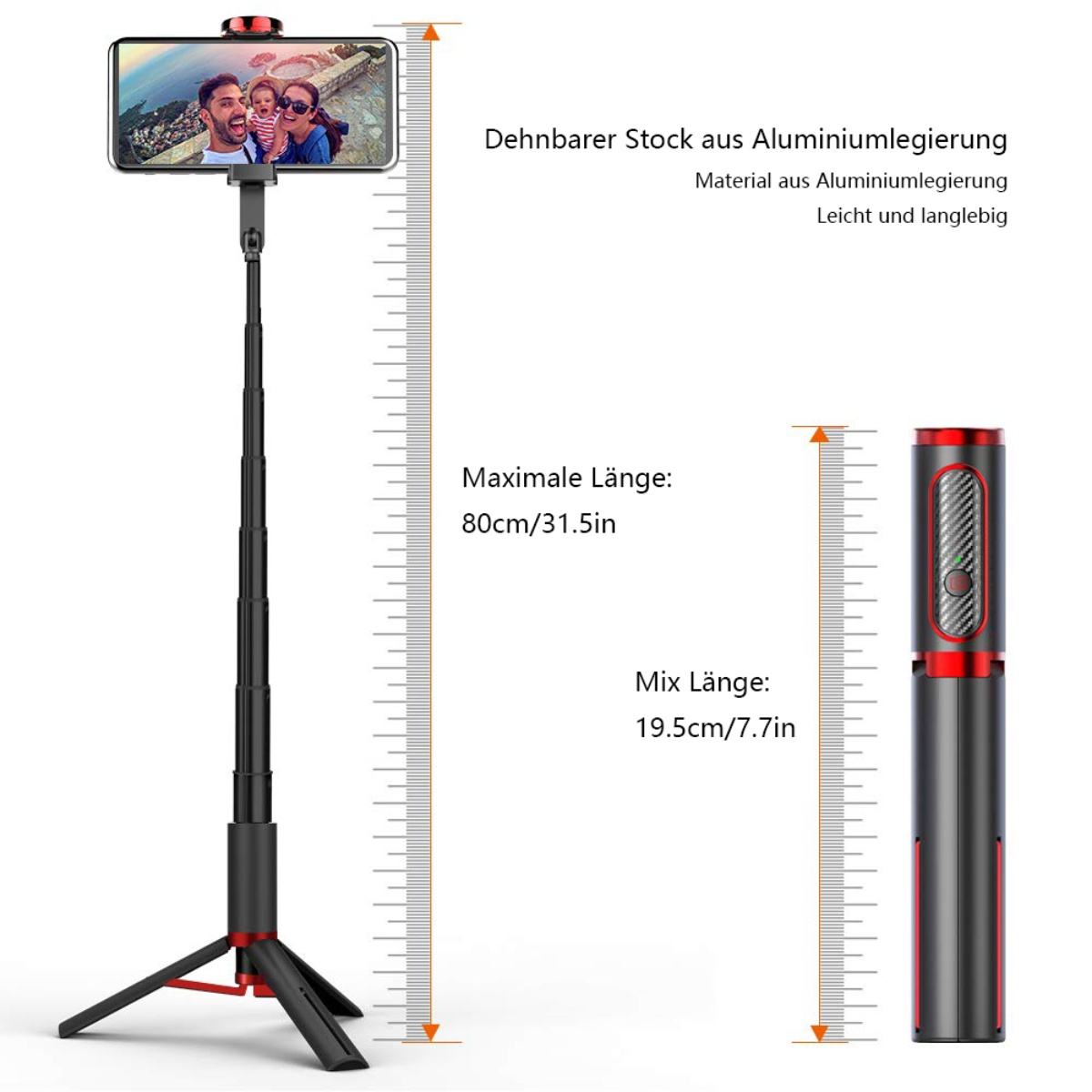 Ein Selfie-Stick, vollständig ausgefahren, hält ein Telefon mit einem Familienfoto auf dem Bildschirm.