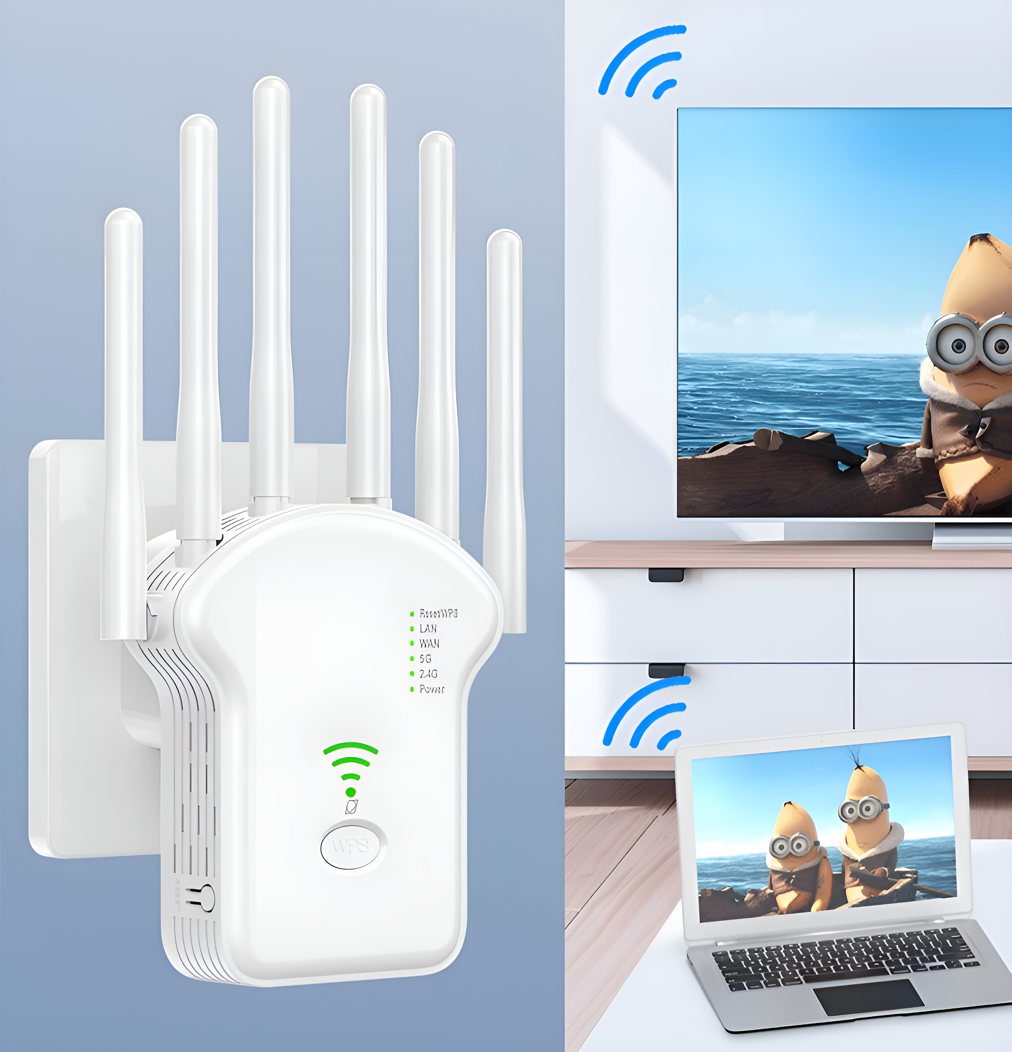 Ein weißer Router mit Antennen, der WLAN-Signale aussendet. Ein Bildschirm zeigt einen Fernseher und einen Laptop.