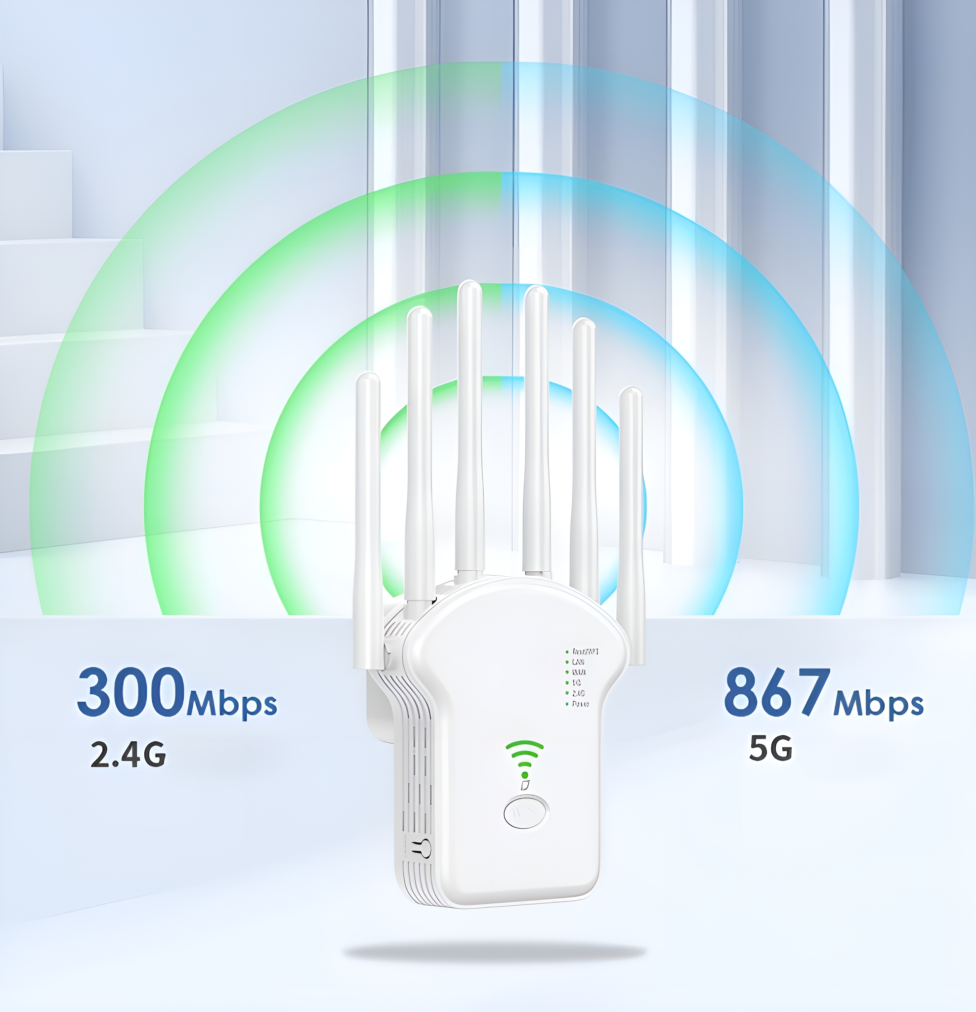 Weißer WLAN-Verstärker mit Antennen. Grüne und blaue Signalwellen. Textbeschriftungen: 300 Mbit/s 2,4G und 867 Mbit/s 5G.