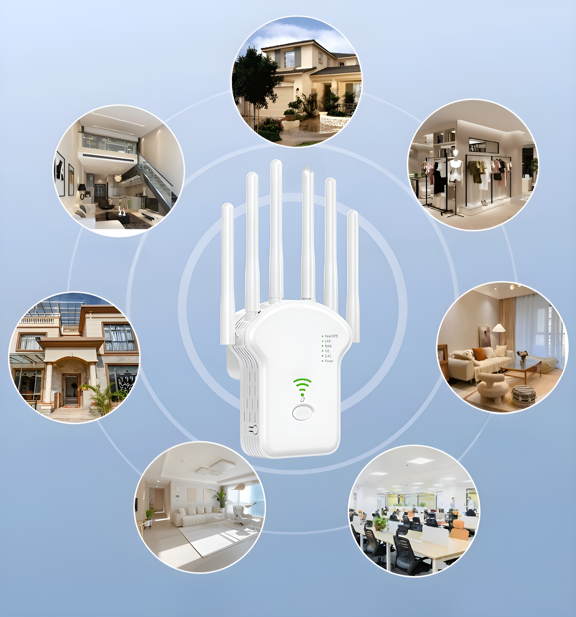 Ein weißer WLAN-Extender mit sechs Antennen, umgeben von Bildern von Häusern und Büros.