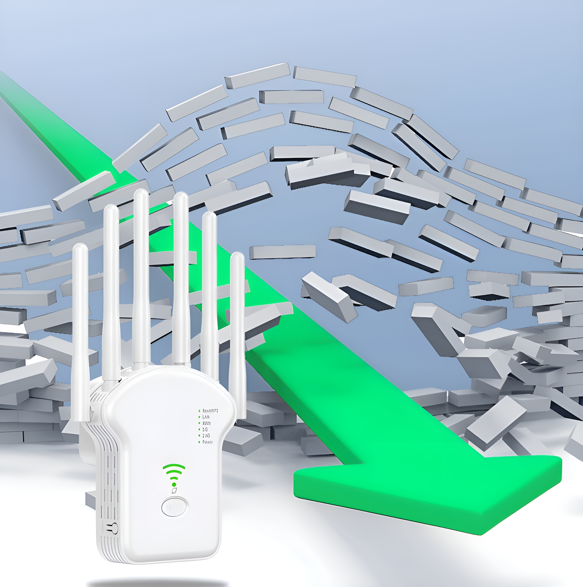Ein weißer Router mit Antennen. Ein grüner Pfeil zeigt auf den Router. Graue Ziegel fallen.