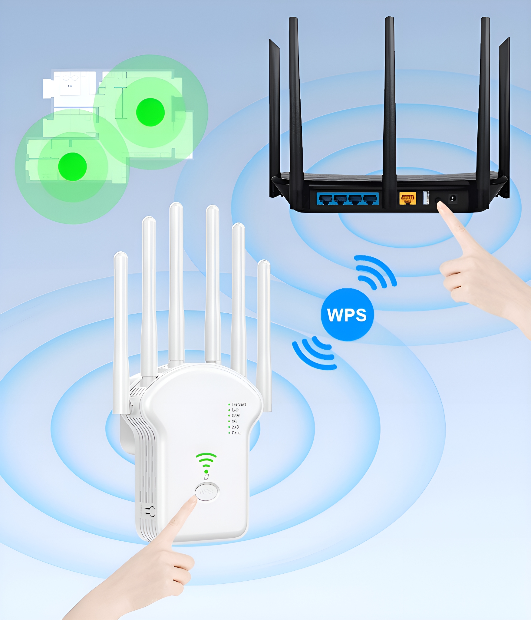 Weißer WLAN-Extender und Router mit Händen, die darauf zeigen. Blauer Hintergrund.