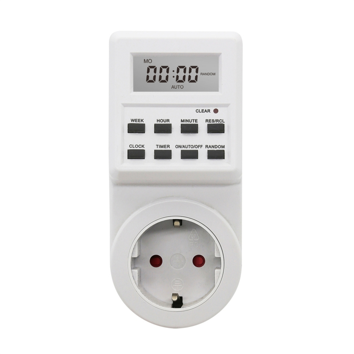 Ein weißer digitaler Timer mit einer Anzeige, die 00:00 anzeigt. Tasten für Woche, Stunde, Minute und andere Funktionen.