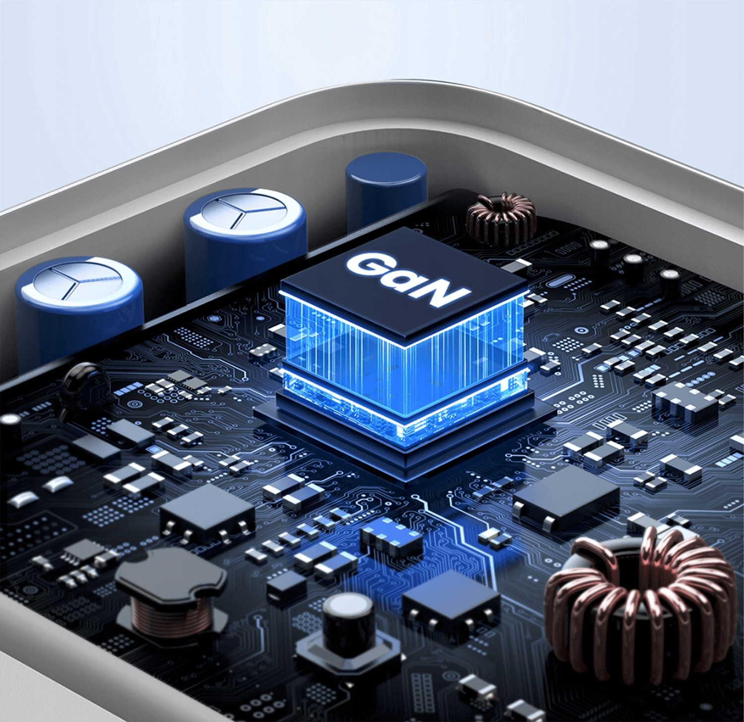 Zbliżenie płytki drukowanej. Niebieski układ GaN. Komponenty elektroniczne.