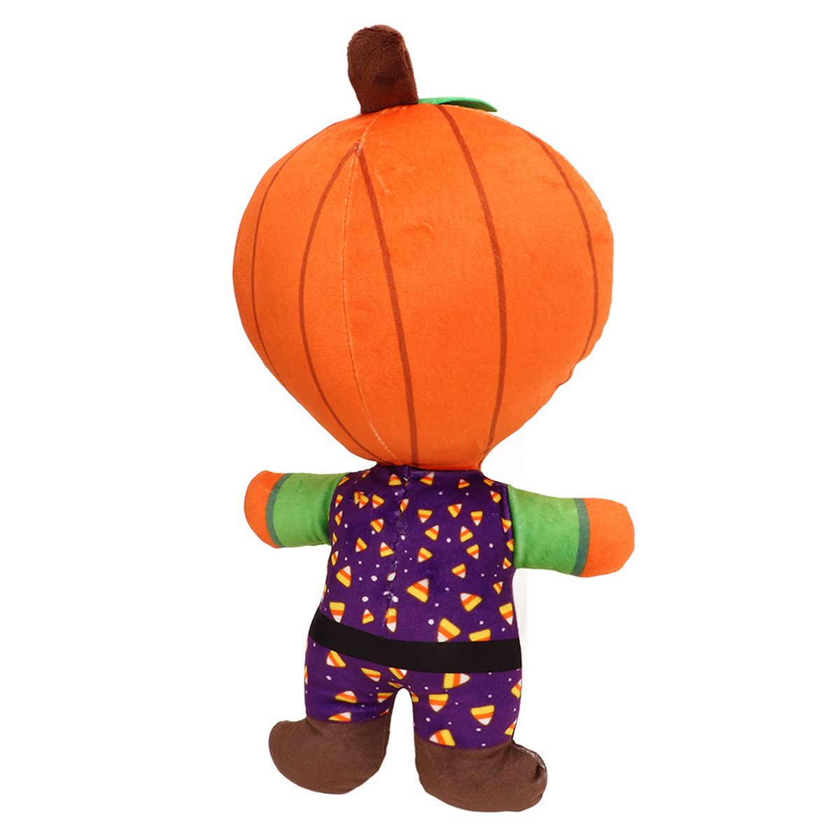 Plüsch-Kürbisfigur mit lila-orangefarbenem Candy-Corn-Outfit, braunen Stiefeln und grünen Armen.