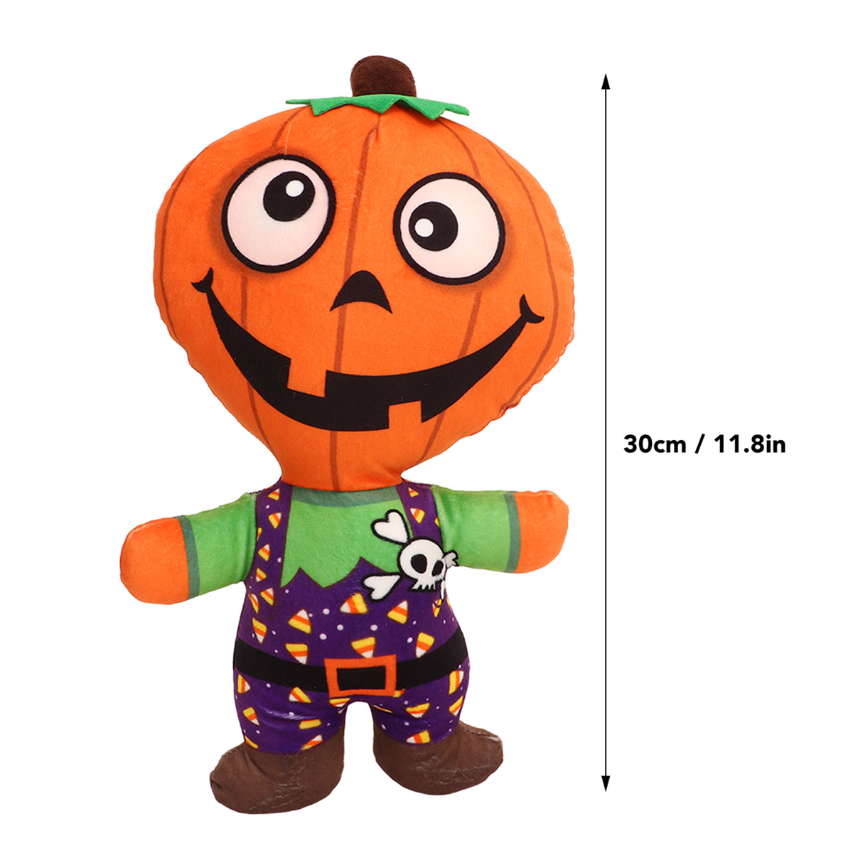 Ein Halloween-Kürbis-Plüschtier in Latzhosen, mit lächelndem Gesicht und einem Totenkopf auf der Latzhose.