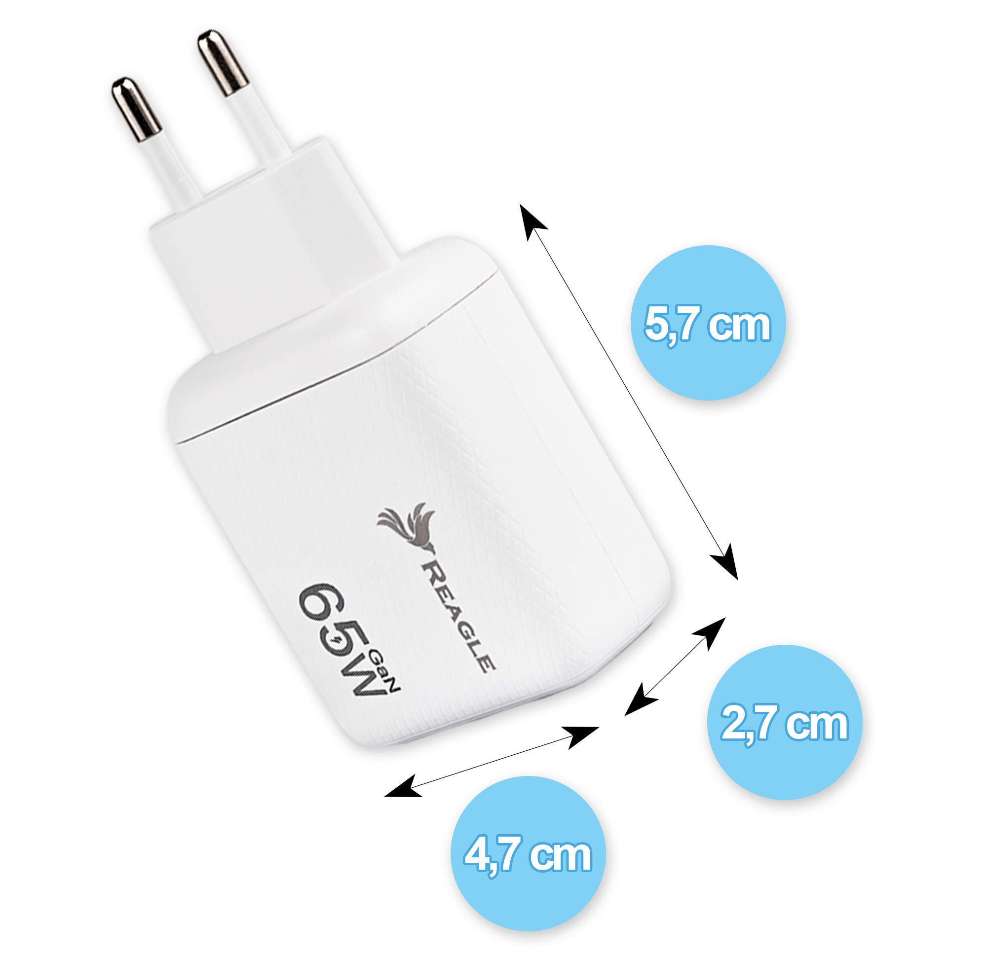 Biała ładowarka Reagle 65W z pinami, wymiary w cm.
