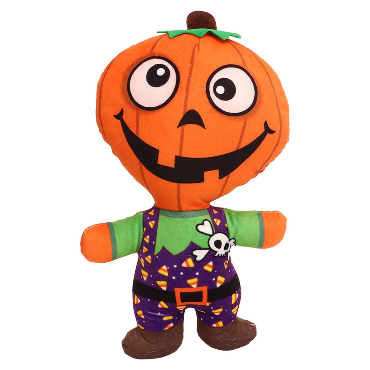 Ein Halloween-Kürbiskopf-Plüschtier mit Kostüm, vor weißem Hintergrund stehend.