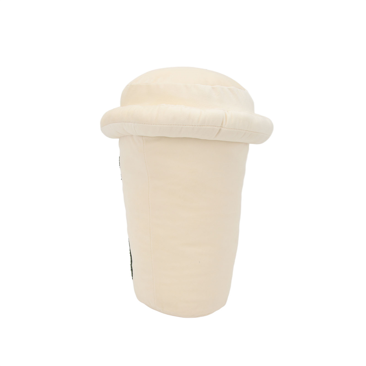 Cremefarbenes Kaffeebecher-Plüschtier. Deckel oben. Weißer Hintergrund.