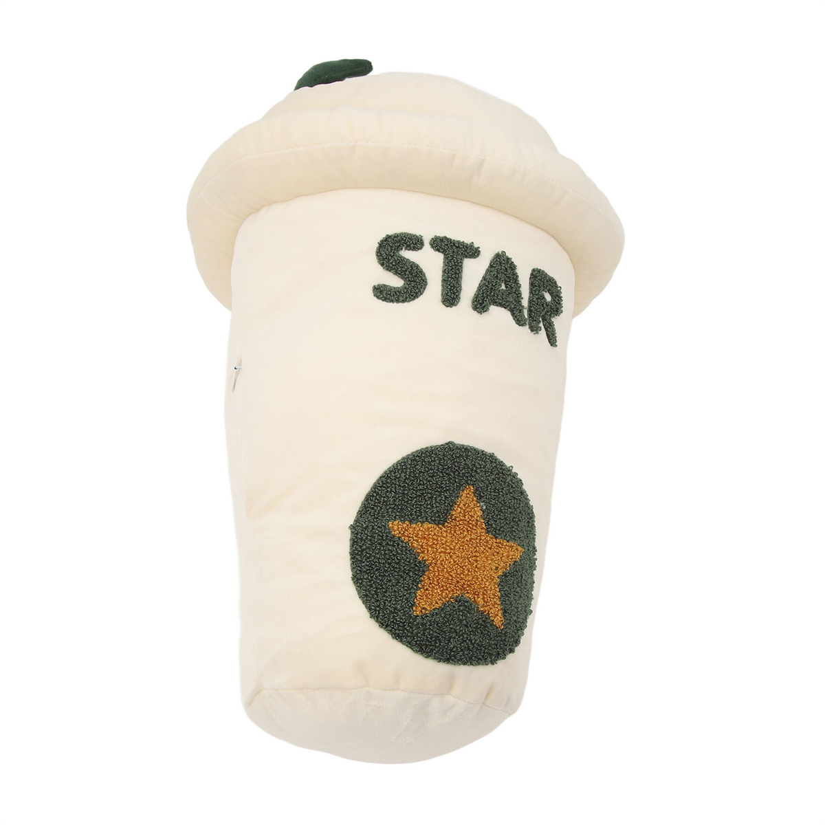 Kissen in Form eines Kaffeebechers, weiß mit grünem Text und einem Sternlogo.