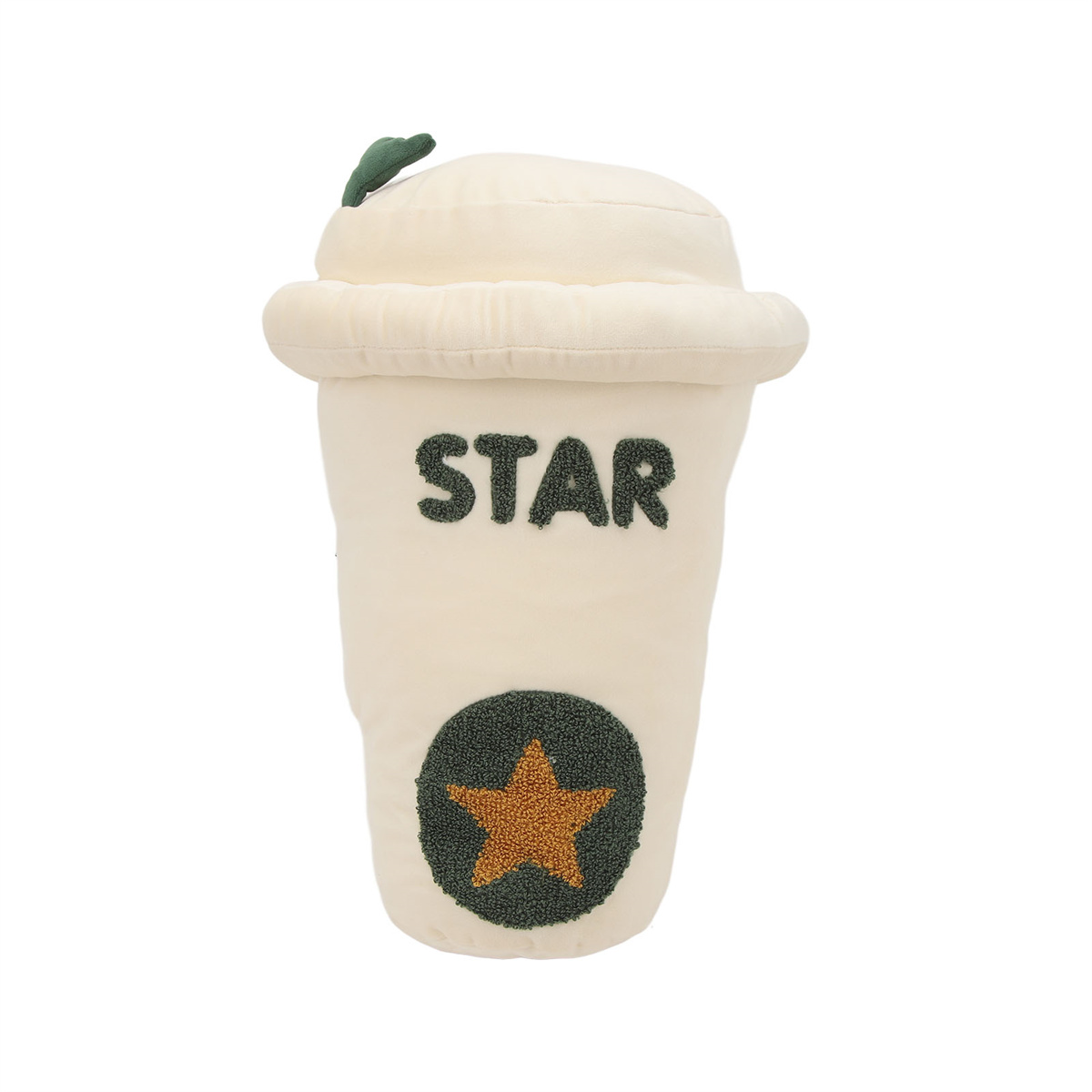 Cremefarbenes, plüschiges Kaffeebecherspielzeug mit dem Wort STAR und einem Sternlogo. Grüne Akzente.