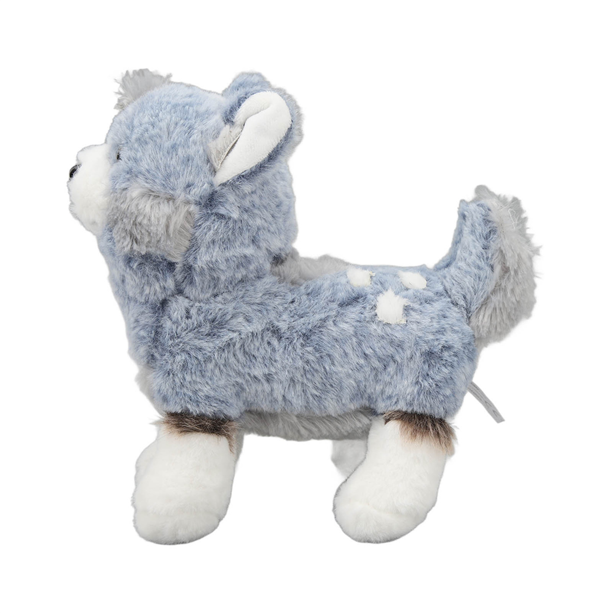 Blau-graues Plüschhundespielzeug mit weißen Pfoten, Seitenansicht.