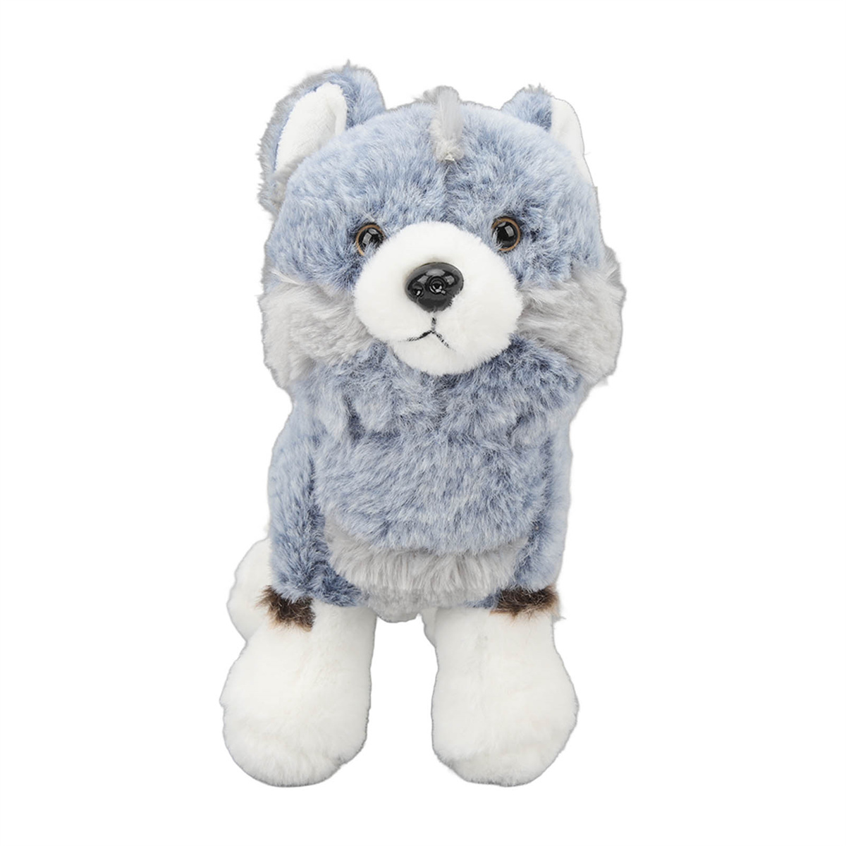 Ein Plüschwolf in Blau und Grau mit weißen Pfoten und einer schwarzen Nase.