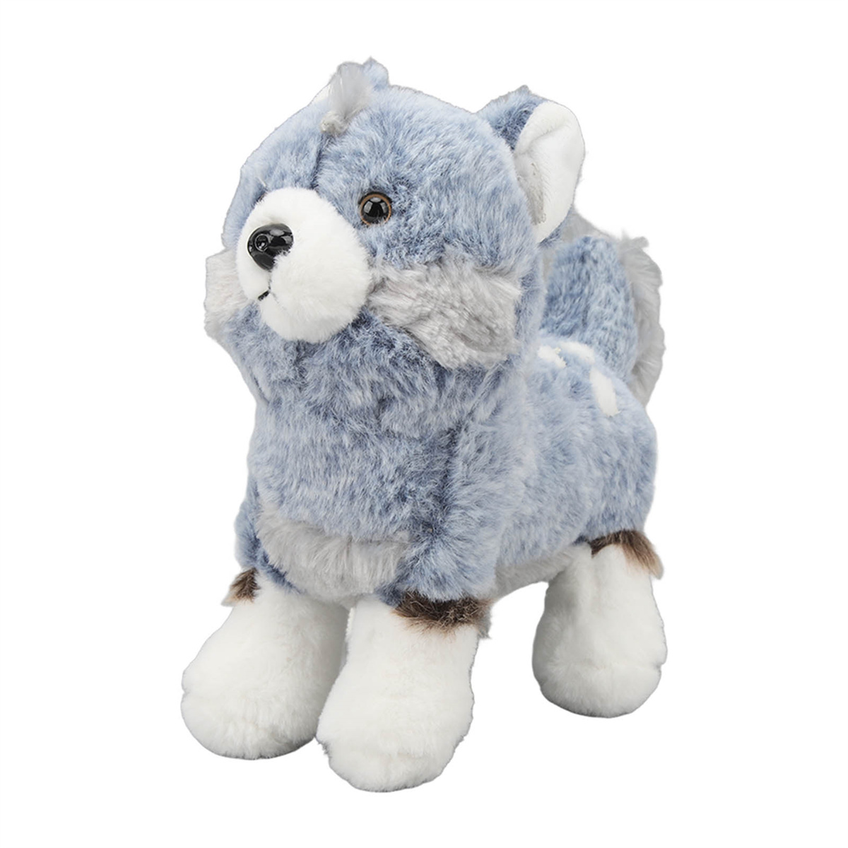 Ein blau-graues Wolf-Plüschtier steht auf weißem Hintergrund.