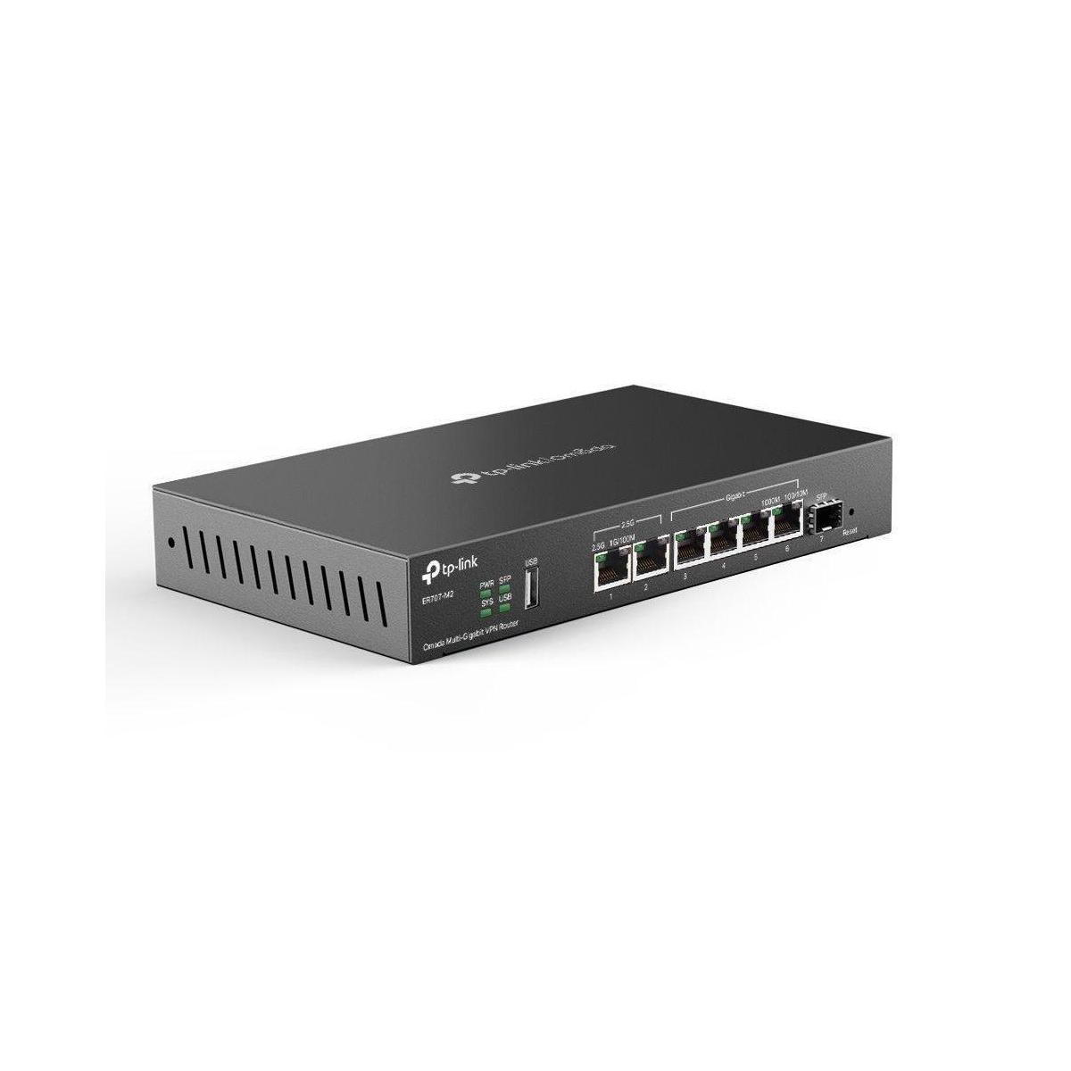 Ein schwarzer TP-Link-Router mit mehreren Anschlüssen.