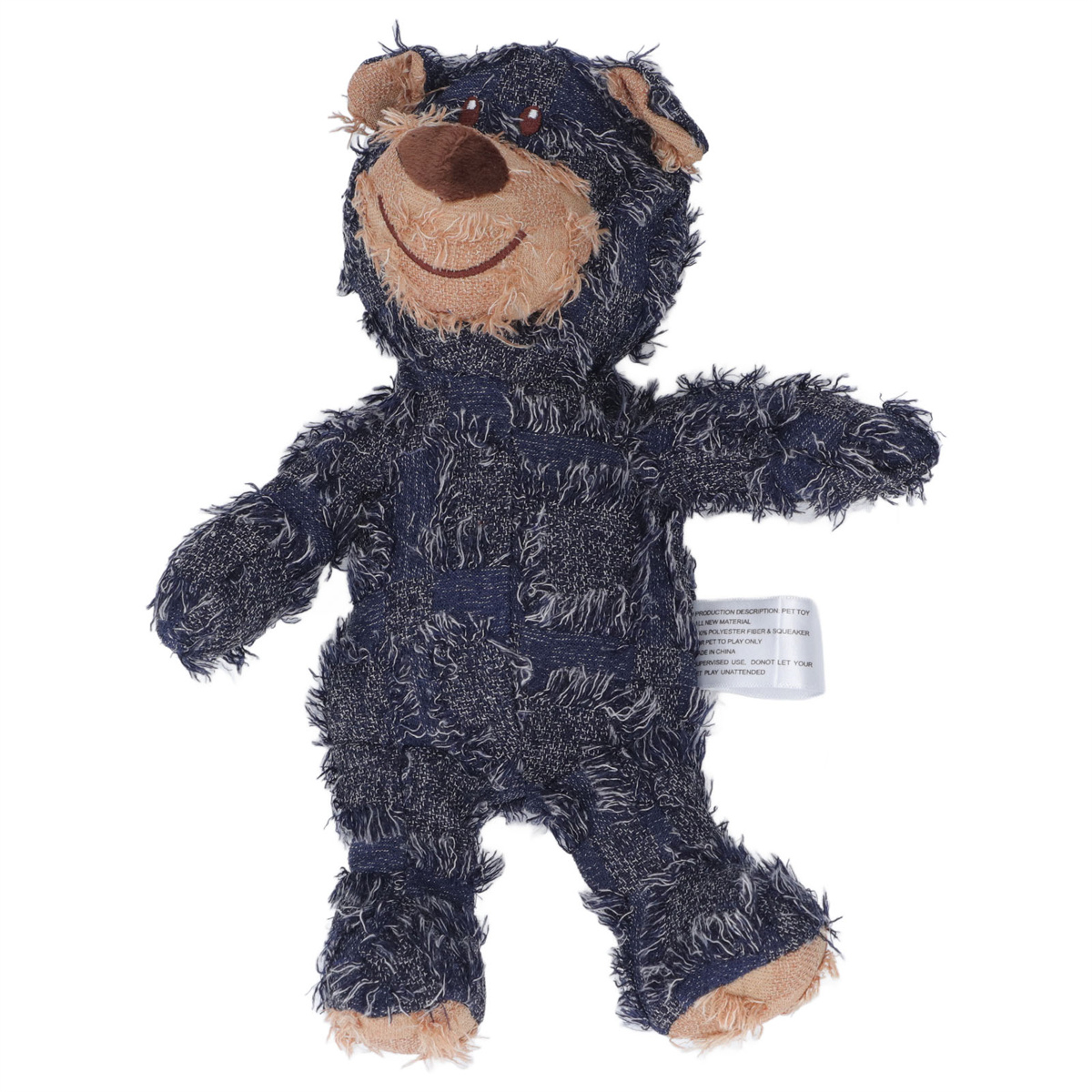 Ein blauer Teddybär mit sichtbarem Fell und einem lächelnden Gesicht steht auf weißem Grund.
