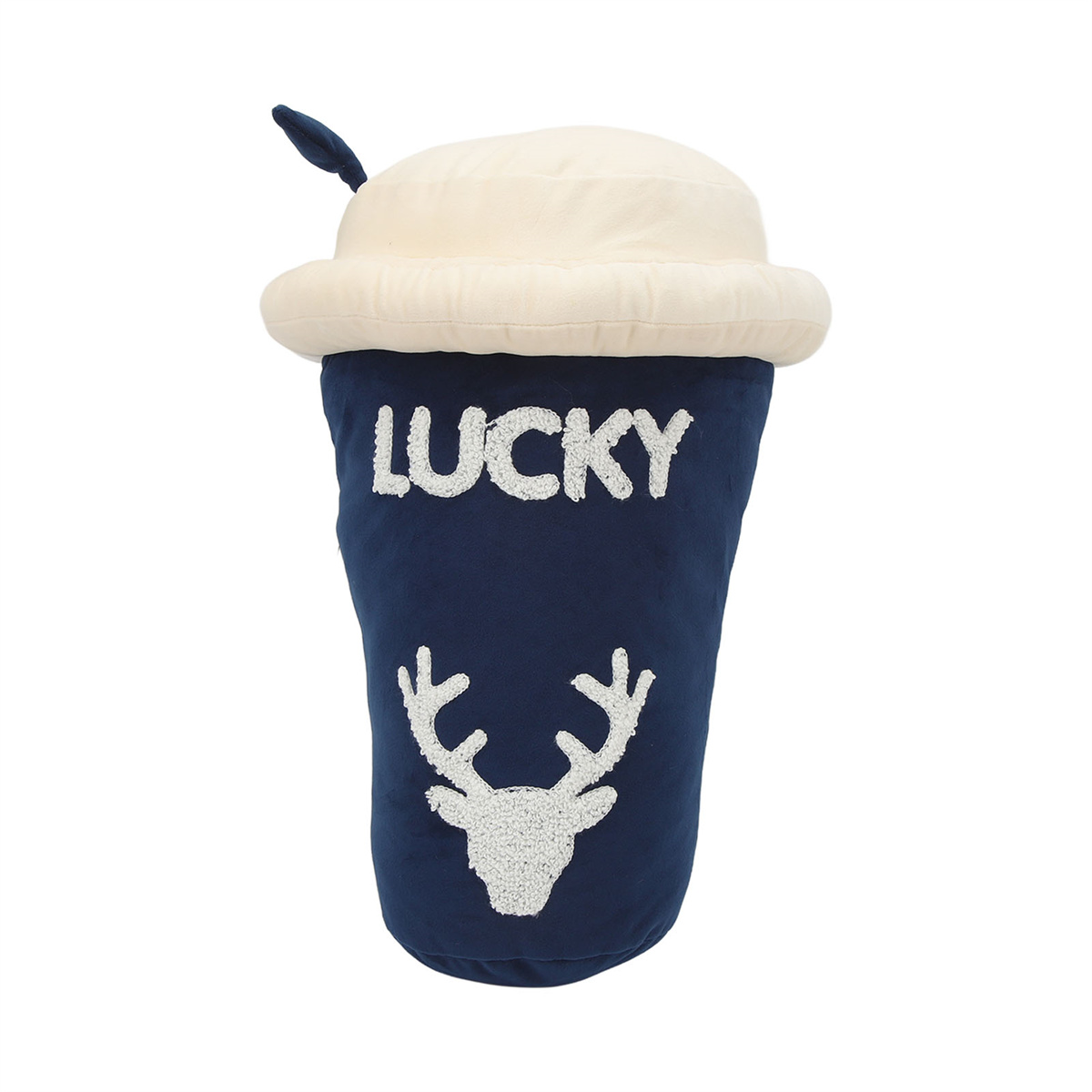 Ein blaues Becher-Plüschtier mit dem Wort LUCKY und einem Hirschkopf-Design.