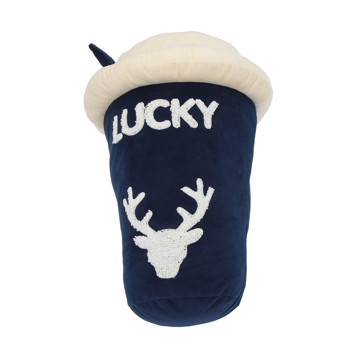 Ein blaues Getränkebecher-Plüschtier mit 'LUCKY' und einem weißen Hirsch-Emblem.