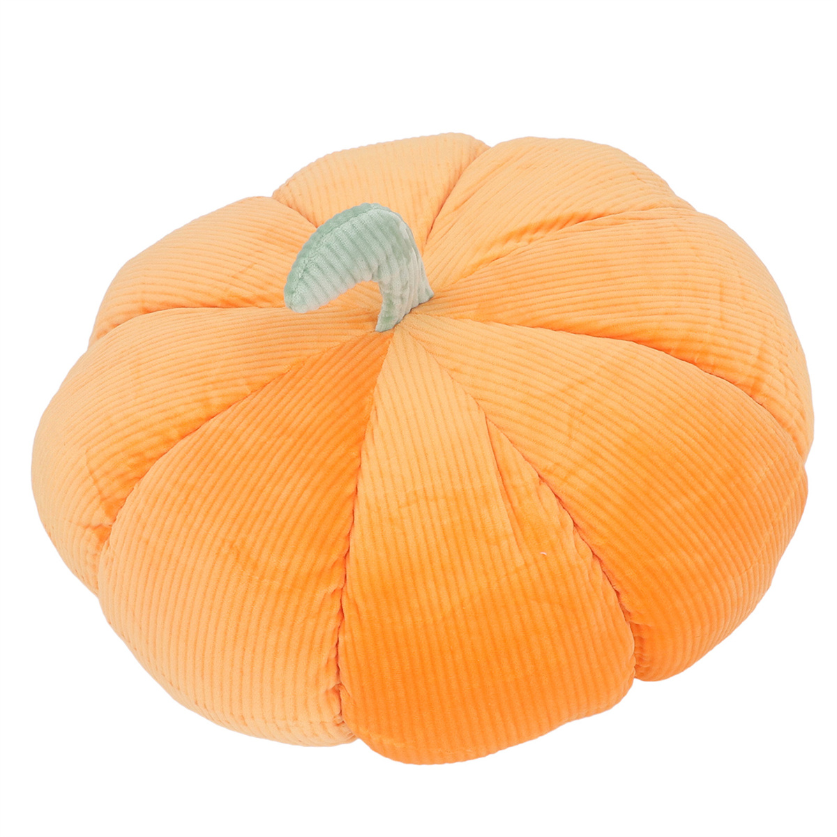 Orangefarbenes, kürbisförmiges Haustierbett mit gerippter Textur, grüner Stiel. Weißer Hintergrund.