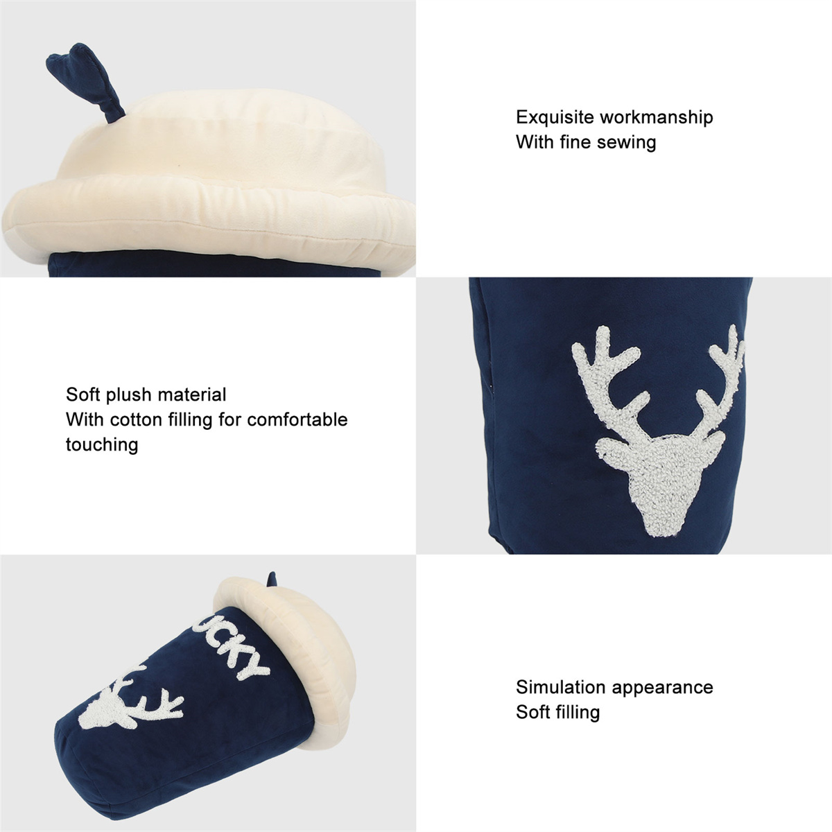 Collage von Plüschartikeln. Ein Hut, eine Tasse und ein Kissen mit weißen und blauen Elementen.