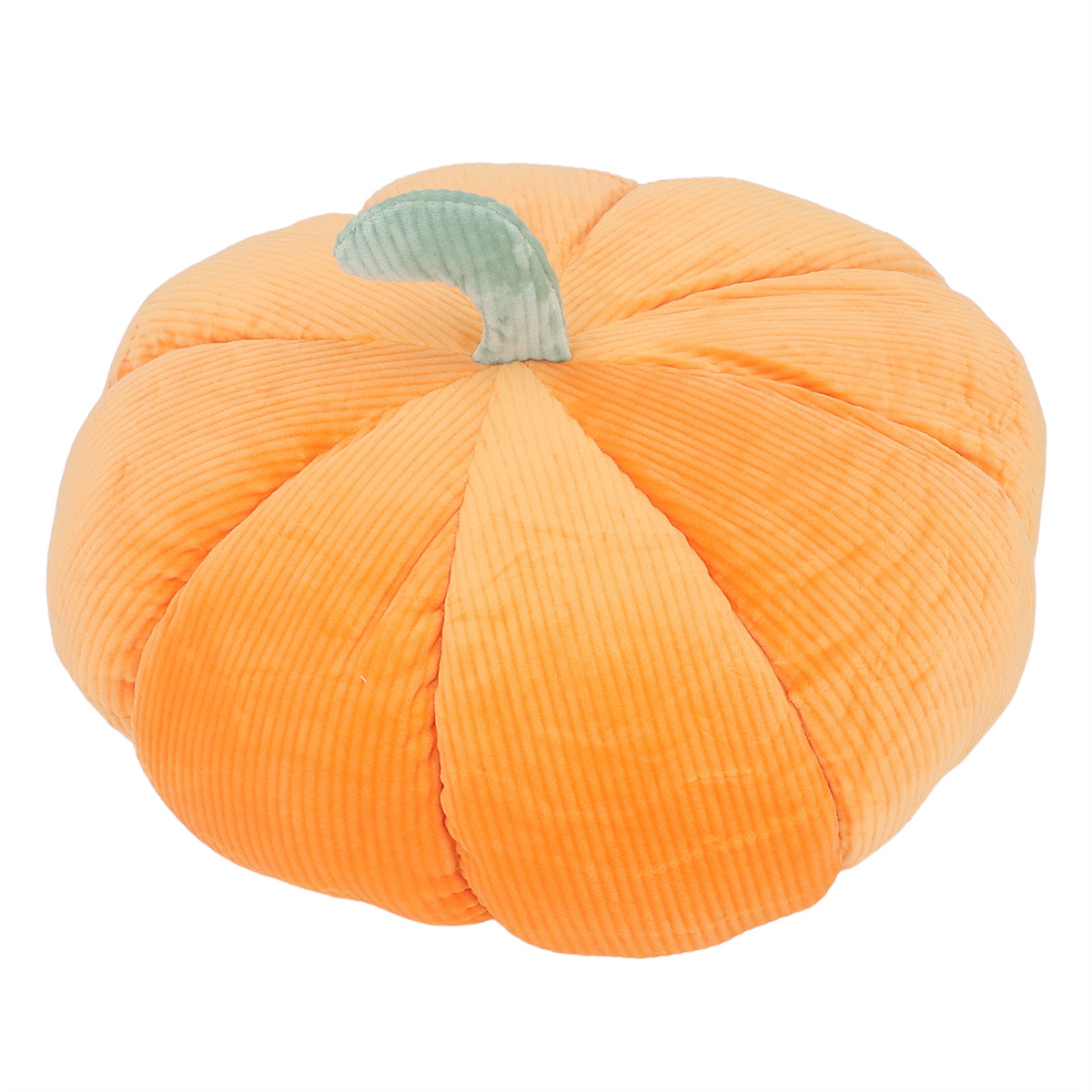 Oranges, geripptes, kürbisförmiges Kissen mit grünem Stiel auf weißem Hintergrund.