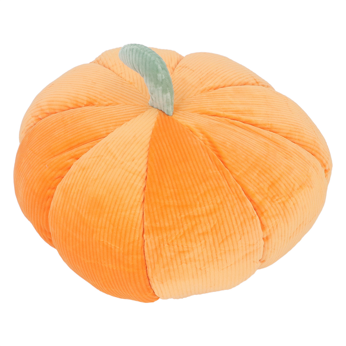 Orangener Plüschkürbis mit grünem Stiel. Es hat eine gerippte Textur und befindet sich auf weißem Hintergrund.